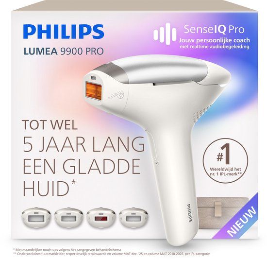 Philips Lumea 9900 Pro IPL Ontharingsapparaat – Tot 5 Jaar Lang een Gladde Huid, Persoonlijke Coach met Realtime Begeleiding en 4 Opzetstukken voor Lichaam, Gezicht, Oksels & Gevoelige Zones, WIT, BRC344/00