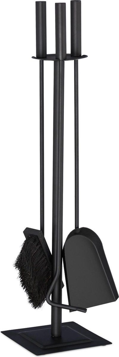 Relaxdays haardstel modern - vierdelig - haardset - pook - schep - bezem - zwart