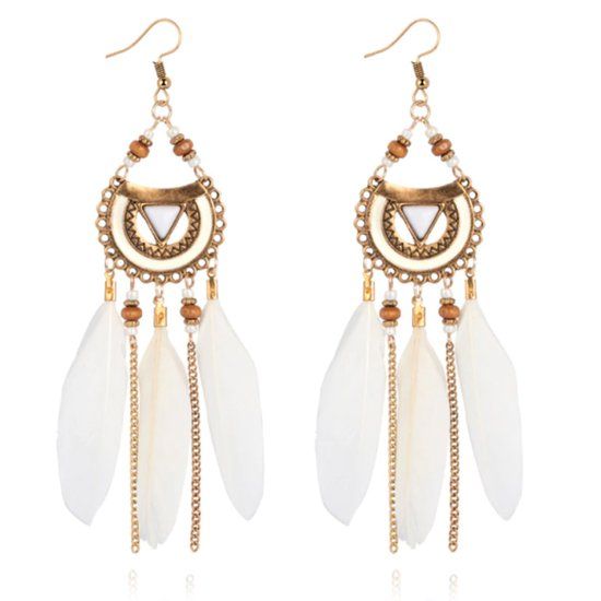 Deja Jewels Lookinggoodtoday Bohemian oorhangers rond met witte veren en kralen 105 mm