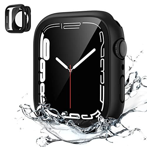 HWeggo Waterdichte hoes voor Apple Watch Series 7 Screen Protector 45mm, 9H gehard glas PC Cover met steunplaat, 360 ° allround beschermende stofdichte anti-krassen (zwart)