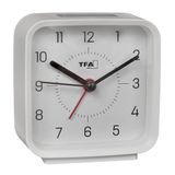 TFA Dostmann 60.1044 Analoge wekker, werkt op batterijen, inclusief kwartsklok, tikt niet, voor slaapkamer/woonkamer/keuken, met sluimerfunctie, incl. achtergrondverlichting, wit-grijs