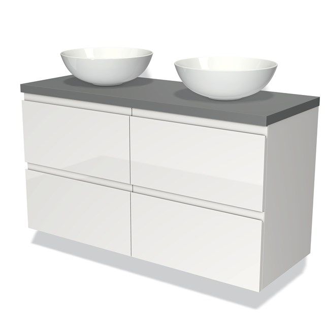 Maxaro Badkamermeubel voor Waskom 120cm Modulo Plato Hoogglans Wit 4 Lades Greeploos Middengrijs Blad