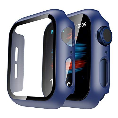TAURI 2 Pack Hard Case Compatibel voor Apple Watch SE/Serie 6/5/4 40 mm met 9H gehard glas screen protector [Touch Sensitive] [Volledige dekking] Slanke bumper beschermhoes voor iWatch 40 mm - Blauw