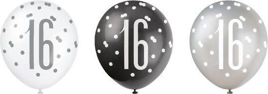 Ballonnen 16 Jaar Stippen Zwart 30cm 6st