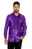 Wilbers&Wilbers Jaren 80 & 90 Kostuum | Paarse Ruchesblouse Satijn Foute Disco | Maat 64 | Carnaval kostuum | Verkleedkleding