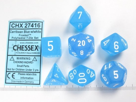 Chessex dobbelstenen set 7 polydice Frosted Caribbean blue w/white