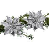 Cosy & Trendy Kerstboomversiering - 2x - bloem - op clip - zilveren kerstster - 18 cm