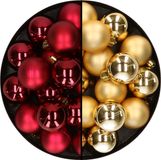 Decoris Kleine kerstballen - 32x st - goud en donkerrood - D4 cm - plastic - kerstversiering