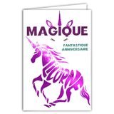 69-9003 Magische verjaardagskaart + envelop, 12 x 17,5 cm, woord, eenhoorn, roze, fuchsia, glanzend, silhouet, fantastisch, voor meisjes, kinderen, tieners, creatie, bedrukt, in Frankrijk