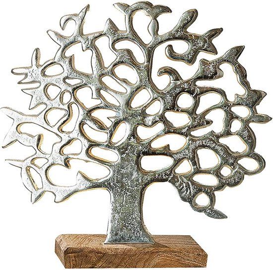 Gilde handwerk Decoratieve figuur boom - levensboom - aluminium - zilver - op houten voet - hoogte 46 - breedte 49 cm