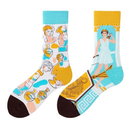 NxnChc Grappige sokken voor dames en heren, uniseks, meerdere dierenmotieven, voedsel, sport, kunst, katoen, cadeau, asymmetrisch design, links-rechts, Griekenland