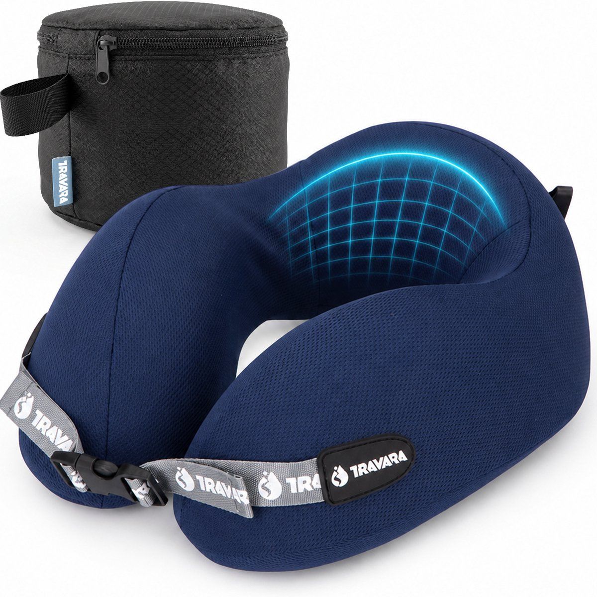 TRAVARA Nekkussen The Jetnapper - Reiskussen - Voor Vliegtuig - Auto Kussen - Traagschuim - Memory Foam - Blauw
