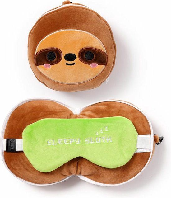 Puckator Relaxeazzz Luiaard knuffel/reiskussen/slaapmasker - 2-in-1 set - voor kinderen - in vliegtuig of auto - Bruin