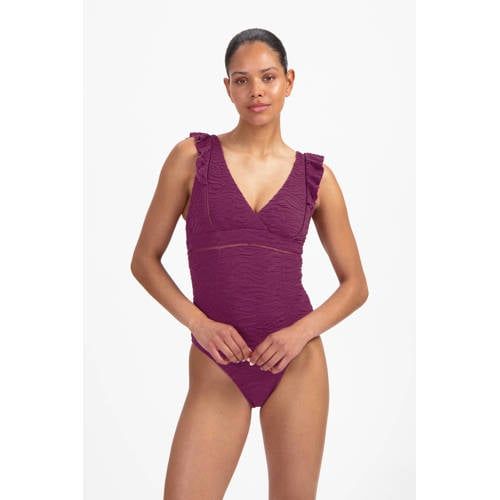 Beachlife Badpak met textuur en ruches donkerpaars