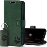 SURAZO Premium hoes voor mobiele telefoon voor Samsung Galaxy M34 5G, premium lederen beschermhoes met pootmotief, RFID-klaphoes, magneet, standfunctie, kaartenvak, leren hoes, donkergroen
