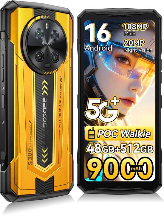 DOOGEE S300 Robuuste smartphone 5G - 6.78 inch FHD+ 120Hz - 48GB RAM - 512GB ROM - 9000mAh 45W - Android 16 - POC Walkie - mobiele telefoon - IP68/IP69K - Dual Sim - NFC GPS - Geel
