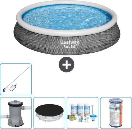 Bestway Fast Set Zwembad - Rond - Rotanprint - 396x84cm - Incl. Pomp, Afdekzeil & Onderhoud