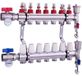 Verdelers voor verwarmingscircuits met kogelkranen en thermometer, geschikt voor 7 circuits