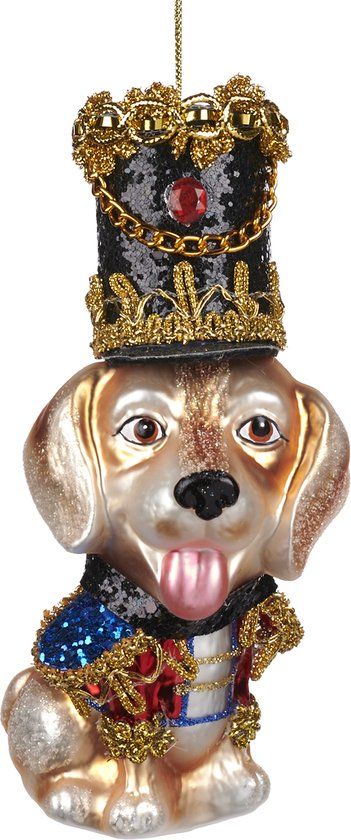 Viv! Christmas Goodwill M&G Kerstornament Notenkraker Hond Glas Bruin Blauw Goud Rood 15,5cm