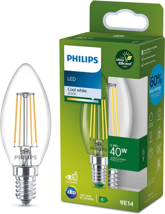Philips LED E14 Kaarslamp - 2.3W - 4000K Koel Wit - Helder - Energielabel A