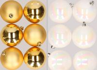 Merkloos / Sans marque Kaemingk B.V. 12x stuks kunststof kerstballen mix van goud en parelmoer wit 8 cm