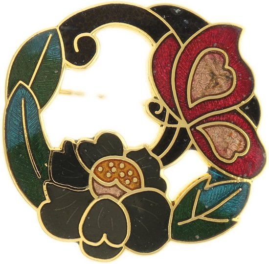 Behave® Dames Broche rond met bloem en vlinder zwart groen - emaille sierspeld - sjaalspeld 4 cm