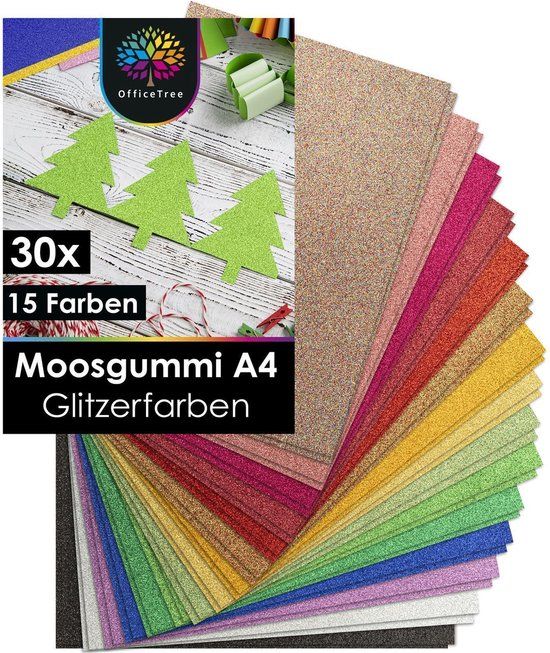OfficeTree 30 Bögen Glitzer Moosgummi 2mm - 15 Farben - Moosgummi Platten A4