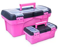 Pink Power Roze gereedschapskist voor vrouwen, organisatorbox, naai-, kunst en ambachtsmateriaal, kleine, grote plastic gereedschapskist met handvat, naaidoos, opbergdoos, draagbaar, vergrendelend, 2x