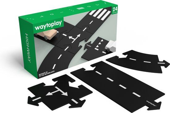 Waytoplay Highway - Flexibele Autobaan (24 Delen) - Zwart met Witte Strepen