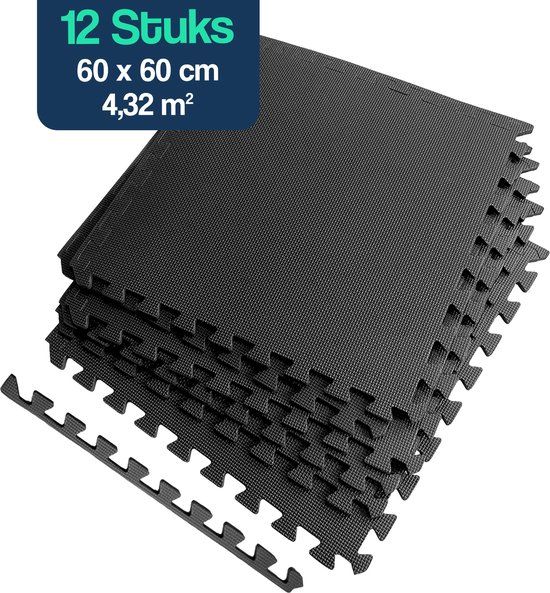 Hulser Puzzelmat - 60x60cm - 12 stuks - Zwart - 1.2cm dik - EVA foam