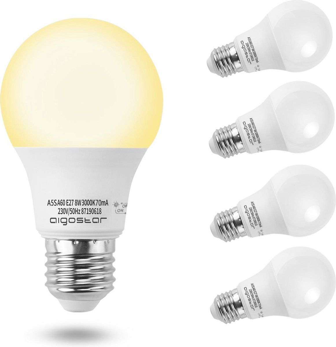 Aigostar LED A5S A60 E27 8W 3000K With Day/Night SENSOR - set van 5 stuks