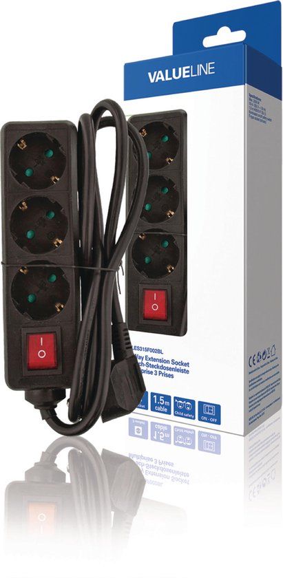 Valueline 3-Wegs Stekkerdoos - 1,5M - Zwart