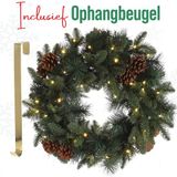 Meisterhome Kerstkrans van 50 cm - Groen - PVC - Batterij - Voor binnen & buiten - Met dennenappels