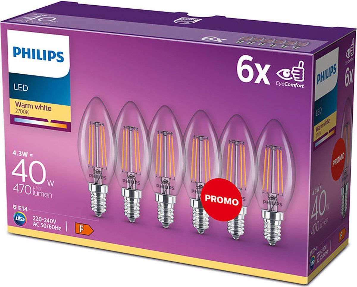 Philips LED Filament Lampen - 12x B35 - 4.3W E14 - Warm Wit (2700K) - Vervangt 40W