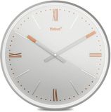 Mebus TinyTime wandklok met Romeinse cijfers | Wandklok zonder tikken | Diameter 25 cm | Klassieke wijzerplaat in lichtgrijs | Zilveren kast | Koperkleurige accenten