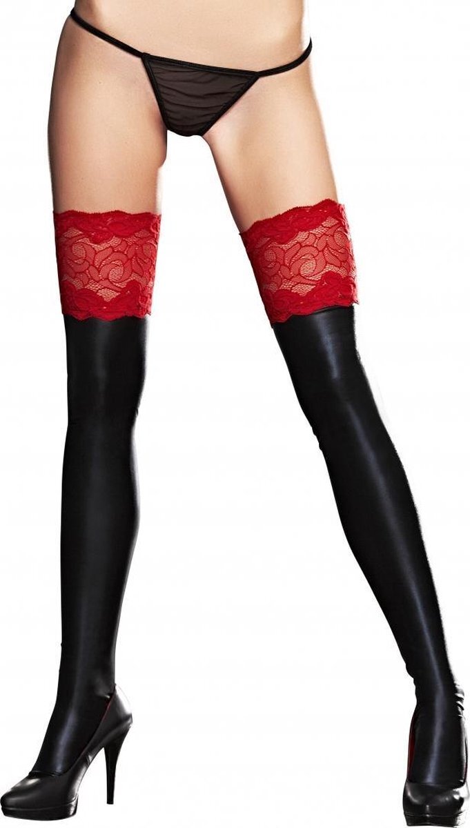 7 Heaven Wetlook and Lace Stockings - Black