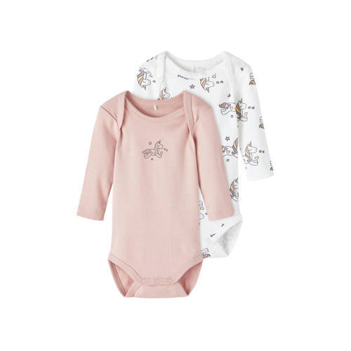 NAME IT NAME IT BABY romper NBFBODY UNICORN - set van 2 met biologisch katoen roze/wit