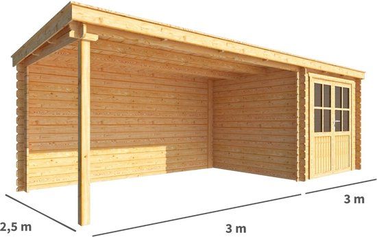 Merkloos Blokhut met overkapping Els 600 cm bij 250 cm diep Lessenaarsdak bruin