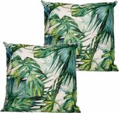 Anna's Collection Buitenkussen Monstera - 2x - Wit/Groen - 60 x 60 cm
