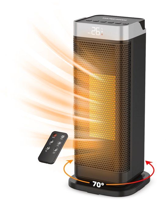 Vulpes Goods® Tech Elektrische Kachel - Ventilatorkachel - Keramische Kachel - 4 Standen - 2000W - Timer, Afstandsbediening & Thermostaat - Zwart