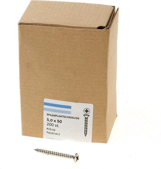 Hoenderdaal Fasteners Hoenderdaal Spaanplaatschroef RVS-A2 lenskop PZ2 voldraad 5.0X50 (per 200 stuks)