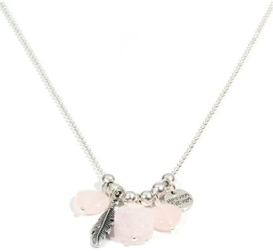 Heaven Eleven - dames ketting - ballchain stainless staal - Rozenkwarts hart en bloem - 100cm