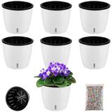 6 stuks - 16,7 cm witte zelfbewaterende plantenpotten voor kamerplanten met waterindicator en zwarte lontpotten, grote Afrikaanse violette potten, zelfbewaterende plantenbakken voor duivelsklimop