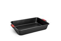 Woll Bakeware Bakvorm rechthoekig, 38 x 26 cm, met hittebestendige siliconen handgrepen tot 230 °C, PFAS-vrij, tweelaagse antiaanbaklaag, gealuminiseerd staal, zwart