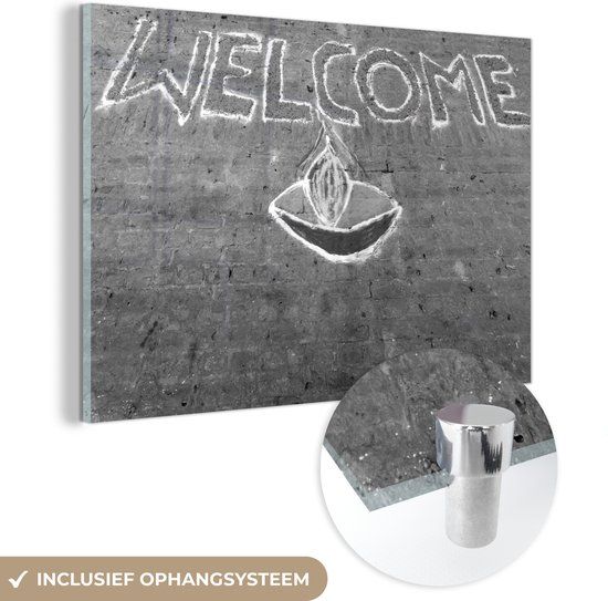 MuchoWow® Glass Painting 120x80 cm - Acrylic Glass Painting - A road decor with rangoli and flowers welcoming visitors - black and white - Photo on glass - Paintings