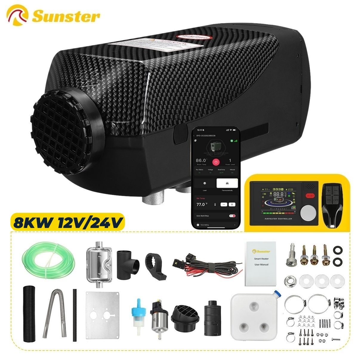 Sunster 8KW Diesel Luchtverwarmer 12V 24V Laag Geluidsniveau Auto Parkeer Verwarming met LCD Paneel & Bluetooth APP Besturing Voor Camper Auto Vrachtwagen Huis