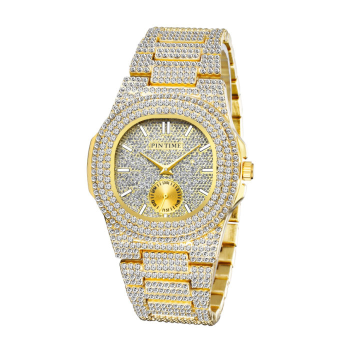 PINTIME PINTIME Full Diamond Luxe Horloge voor Heren - Roestvrij Staal Kwarts Uurwerk met Opbergdoosje Goud