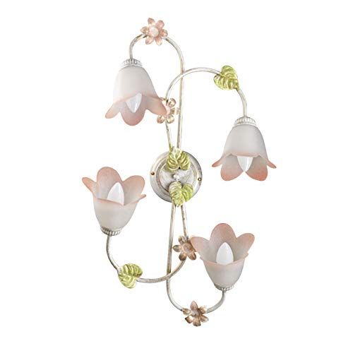 ONLI Plafondlamp - 4 Lampen - Wit Metaal/Goud - Groene Bladeren/Roze Bloemen