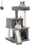 Arbre à chat gris avec sisal, aire de couchage douce, maisonnette avec trous et jouet pour chat