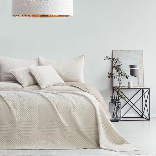 AmeliaHome Sprei beige Cappucino 170x210 Bedsprei Dubbelzijdig Ultrasoon Stiksel Polyester Softa